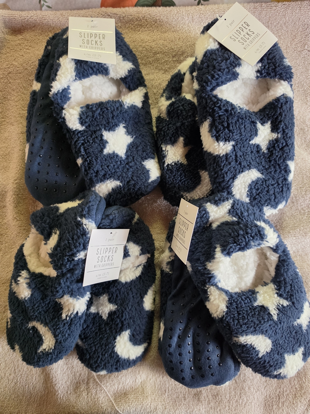 4pk- Slipper Socks with Grippers - Navy Blue Star & Moon Pattern